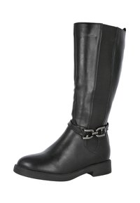 Bota de cuero negra hasta la rodilla con panel lateral elástico y detalle decorativo de cadena metálica alrededor del tobillo, suela plana.