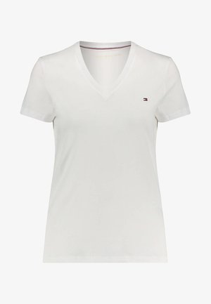 Weißes V-Ausschnitt T-Shirt mit kurzen Ärmeln, aus weichem Baumwollmaterial. Verfügt über ein kleines Logo-Design auf der linken Brust. Sanfte Textur, lässige Passform.