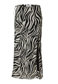 Zwart-witte vloerlange rok in een zebra print, met een luchtig, lichtgewicht materiaal, een zijsplit en verstelbare taillebanden.
