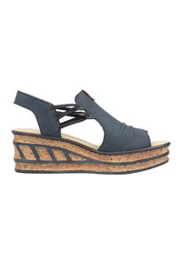 Black open-toe wedge sandals with a cork sole. Features cut-out design and crisscross straps at the ankle for added support.