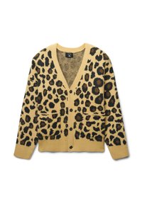 Cardigan con stampa leopardata in beige, con macchie nere e marroni, scollo a V, chiusura con bottoni e due tasche frontali. Tessuto a maglia morbida. Taglia XL.