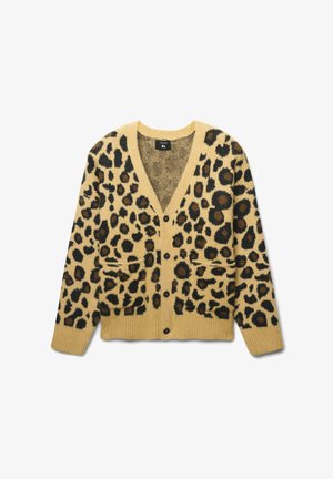 Cardigan con stampa leopardata in beige, con macchie nere e marroni, scollo a V, chiusura con bottoni e due tasche frontali. Tessuto a maglia morbida. Taglia XL.