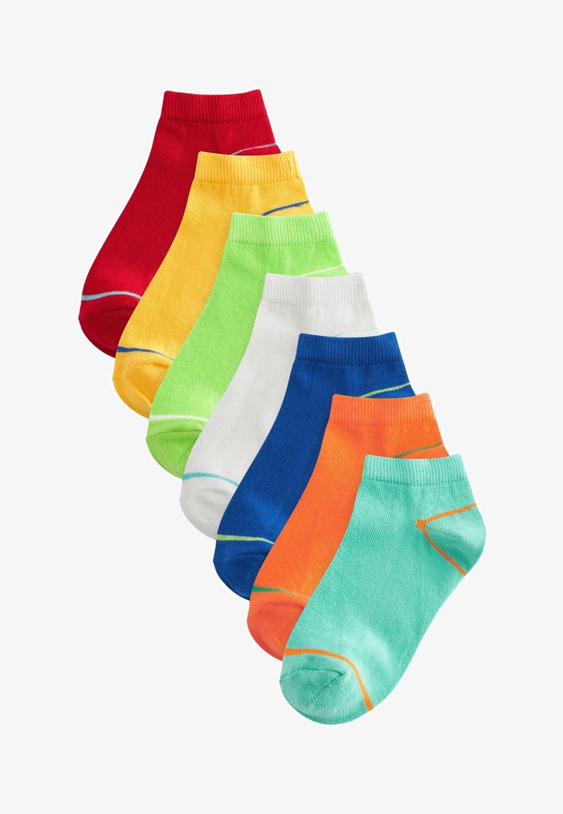 Sieben Paar Knöchelsocken in Rot, Gelb, Grün, Weiß, Blau, Orange und Türkis, angeordnet in einem fächerförmigen Stapel.