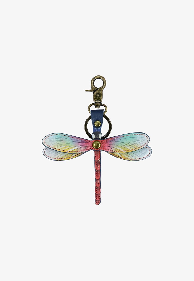 Leather dragonfly keychain with multicolored translucent wings, red body, and blue clasp attachment. Features a gold-tone hardware accent.