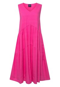 Vestito senza maniche in lino rosa con scollatura a V e design a gonna a strati. Il tessuto leggero presenta una trama liscia e una forma fluida.