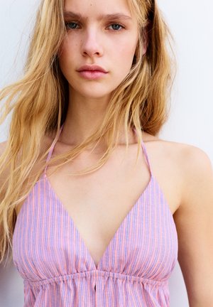 PULL&BEAR, STRIPED LINEN HALTER TOP - HALTER TOP - Blouse - pink