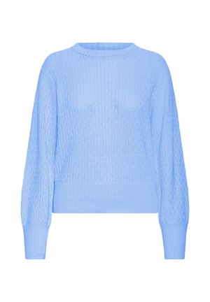 Šviesiai mėlynas megztinis su ribuota tekstūra, apvalia iškirpte ir ilgomis rankovėmis; pasižymi laisvu siluetu ir subtiliu raštu per visą paviršių.