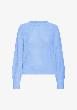 Light blue knitted sweater with a ribbed texture, round neckline, and long sleeves; features loose fit and subtle pattern throughout.