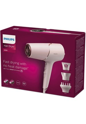 Asciugacapelli Philips 5000 in bianco con dettagli oro rosato; include tre bocchette per lo styling e presenta la tecnologia ThermoShield, potenza di 2300W.