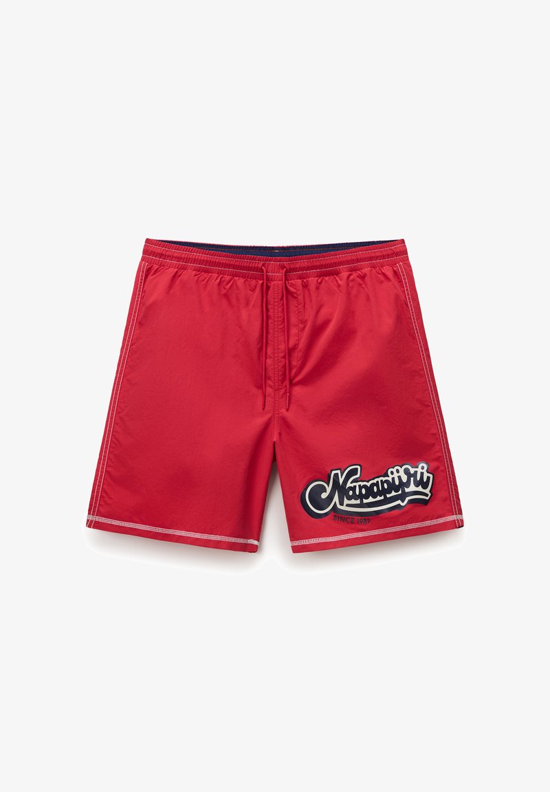 Pantaloncini da bagno rossi con cuciture bianche, vita elasticizzata, coulisse e logo "Napapijri Since 1987" sulla parte inferiore della gamba destra.
