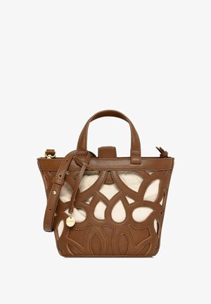 Brązowa skórzana torebka z wyciętym kwiatowym wzorem, z płóciennym wnętrzem, krótkimi uchwytami oraz odpinanym paskiem na ramię. Złote akcenty sprzętowe.