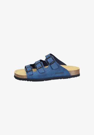 Blue suede sandals with three adjustable straps, cork footbed, black rubber sole, and a minimalistic design. Brand logo on the side.