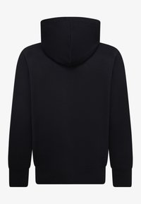 Sweatshirt preto com capuz, textura suave, punhos canelados e barra reta. Sem gráficos ou detalhes visíveis. Corte padrão.