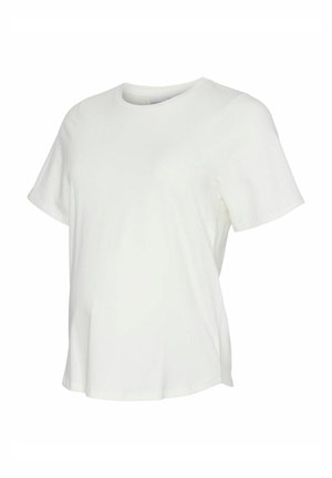 Biała koszulka z krótkim rękawem, okrągłym dekoltem i luźnym krojem, wyeksponowana na białym tle.