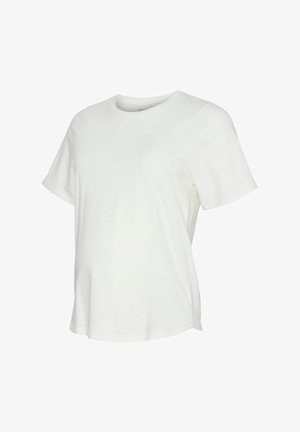 Hvid kortærmet T-shirt med rund hals og afslappet pasform, vist på en hvid baggrund.