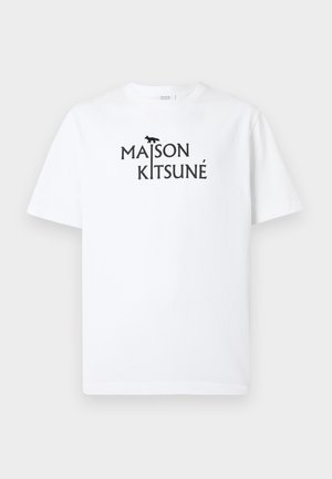 White cotton t-shirt featuring the text "MAISON KITSUNÉ" in black, with a small fox graphic above the lettering. Classic crew neckline.