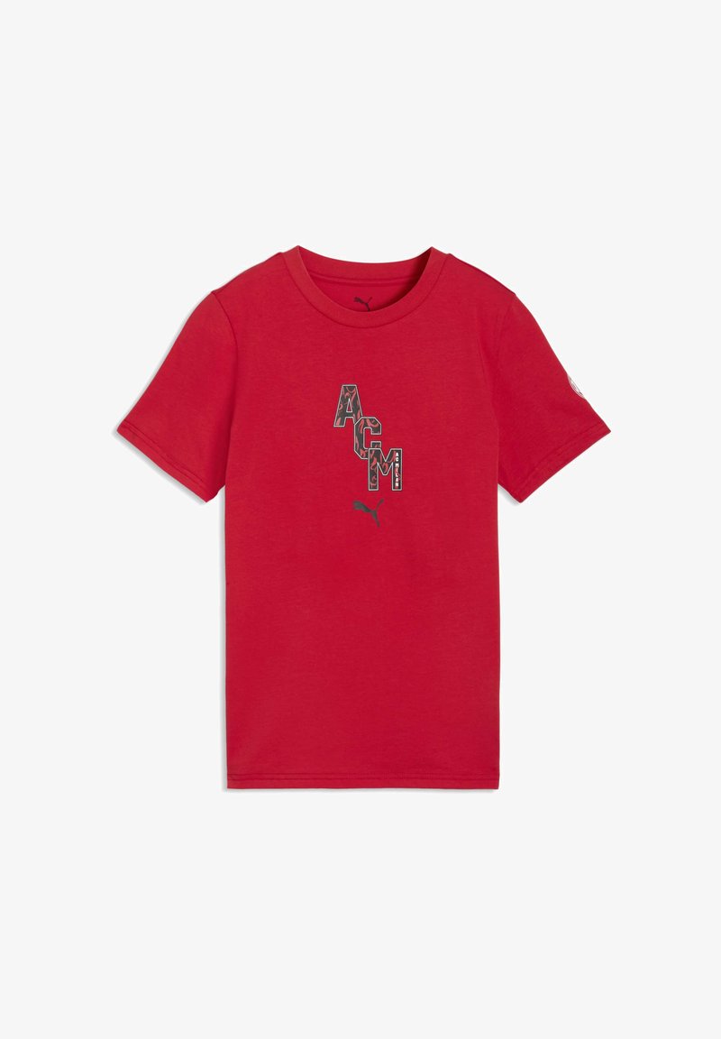 Rotes Baumwoll-T-Shirt mit rundem Ausschnitt, kurzen Ärmeln und einem grafischen "ACM"-Aufdruck mit einem Musterdesign. PUMA-Logo auf dem Ärmel.