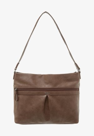 Brązowa skórzana torba na ramię z jednym paskiem, z przednią kieszenią na zamek błyskawiczny oraz delikatnym plisowanym detalem pod zamkiem.