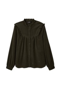 Chemise boutonnée vert foncé en tissu texturé. Dotée d'un col à volants, d'un devant froncé et de manches longues avec des poignets élastiques.
