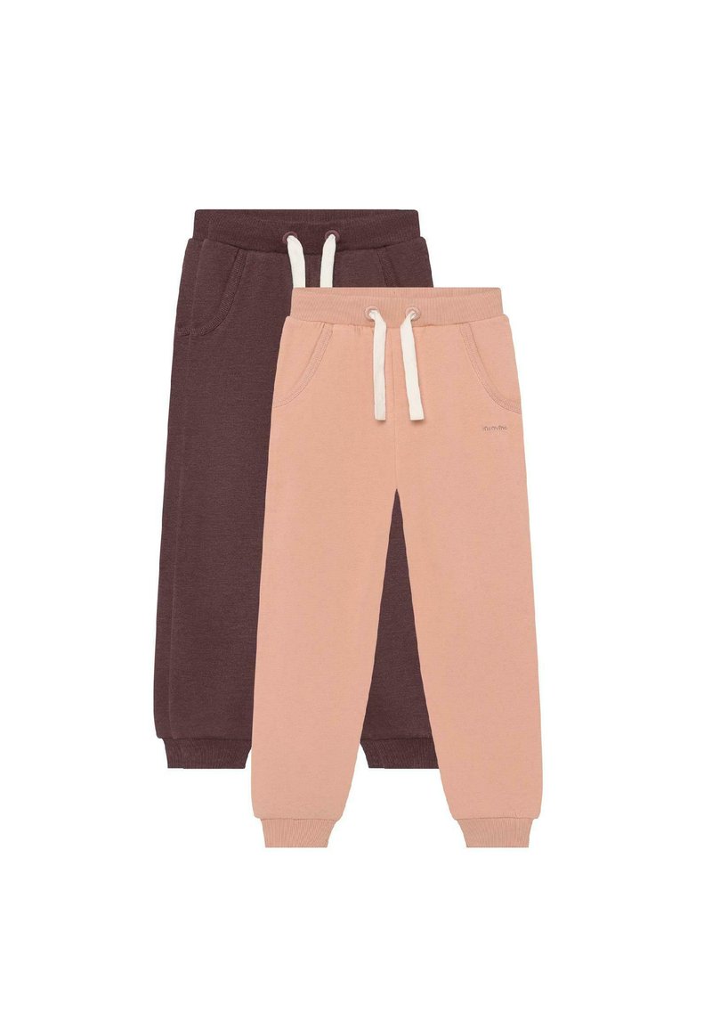 To sett par av barne joggebukser med snorer, en lys rosa og en mørk brun, begge med frontlommer og ribbestrikkede ermer.