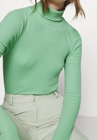 Collare alto a costine verde chiaro realizzato in tessuto elasticizzato, dalla forma aderente, con maniche lunghe e una texture liscia. Abbinato a pantaloni verde chiaro.