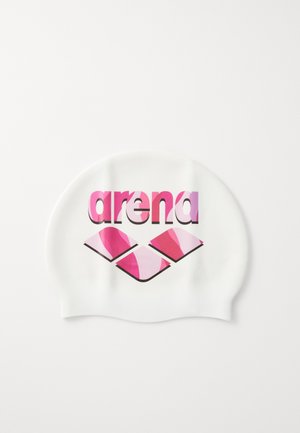 White swim cap with a glossy finish featuring "arena" in bold pink and light pink, with two overlapping diamonds in similar colors.