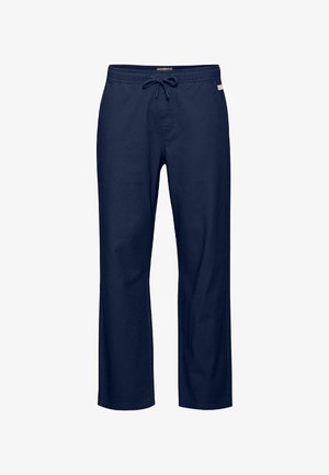 Pantalones azul marino de corte relajado, confeccionados en una tela suave, que cuentan con una cintura elástica y un cordón ajustable para mayor comodidad.