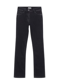 Jean en denim noir avec une coupe droite, design à cinq poches et coutures contrastantes. Fermeture par bouton à la taille.
