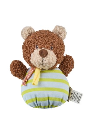 Brown curly teddy bear with beige snout and ears, wearing a blue and green striped outfit with fabric tags on the side.