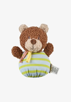 Brown curly teddy bear with beige snout and ears, wearing a blue and green striped outfit with fabric tags on the side.