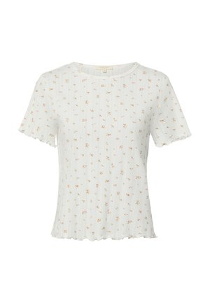 White short-sleeve ribbed knit top with small pink and green floral print, round neckline, and lettuce edge hem and sleeve cuffs.