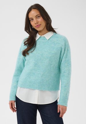 Femme aux longs cheveux bruns porte un pull bleu clair duveteux sur une chemise blanche à col et un jean foncé, posant devant un fond uni.