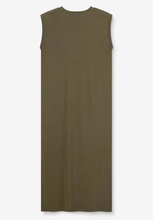 Robe sans manches vert olive, de design long et droit, fabriquée en tissu doux avec un col rond et des détails de couture minimalistes.