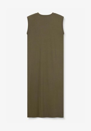 Robe sans manches vert olive, de design long et droit, fabriquée en tissu doux avec un col rond et des détails de couture minimalistes.