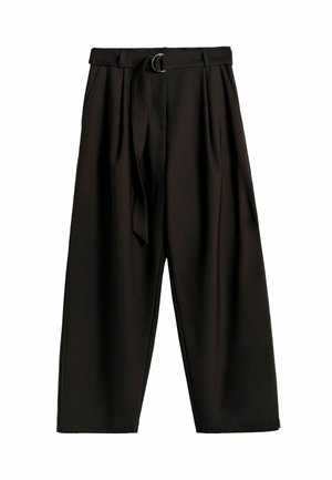 Mustad kõrge vöökohaga laiade jalgadega püksid, voldid ja sobiva kangast vöö, millel on hõbedane D-rõnga pandel.