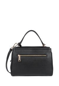 Borsa a tracolla in pelle nera con una forma strutturata, manico superiore, tracolla removibile e una tasca frontale con zip decorata da dettagli in metallo dorato.