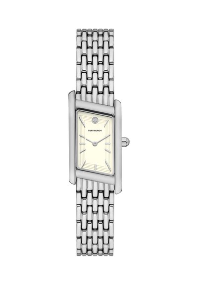 Montre-bracelet rectangulaire argentée Tory Burch avec cadran crème et bracelet métallique maillé, indiquant 10h10.