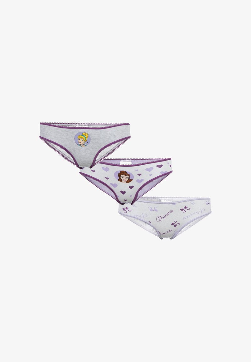 Three pairs of children's underwear in lightweight gray and white cotton, featuring purple trim and Disney princess prints with hearts.