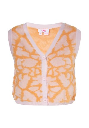 Ærmeløs, lodden strikvest med lys pink base og orange abstrakt mønster, V-udskæring og tre knapper foran.