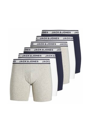 Sechser-Pack Herren-Boxershorts in abwechselndem Marineblau, Weiß und Grau mit Jack & Jones gebrandeten Bündchen.
