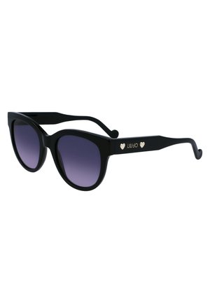 Occhiali da sole neri con montatura a occhio di gatto e lenti gradienti viola. Presentano un accento dorato con un design a cuore sul braccio, realizzati in plastica resistente.