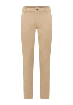 Beżowe spodnie o prostych nogawkach z szlufkami na pasek, z przodu zapinane na guzik i zamek, prezentowane na białym tle.