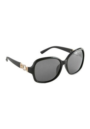 Czarne, duże okulary przeciwsłoneczne z ciemnymi soczewkami i złotym dekoracyjnym detalem na zausznikach, przedstawione pod kątem na białym tle.