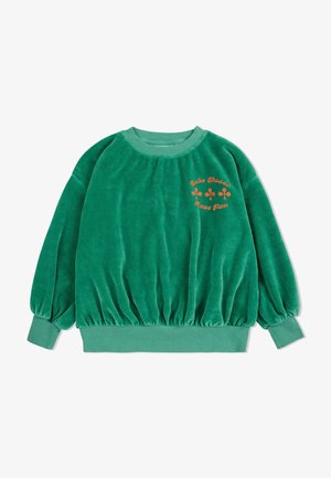 Grüner Samt-Sweatshirt mit rundem Ausschnitt, gerafftem Saum und Puffärmeln. Verfügt über orangefarbenen Drucktext und Blumenmuster auf der Vorderseite.