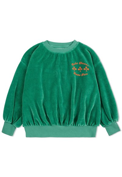 Grüner Samt-Sweatshirt mit rundem Ausschnitt, gerafftem Saum und Puffärmeln. Verfügt über orangefarbenen Drucktext und Blumenmuster auf der Vorderseite.