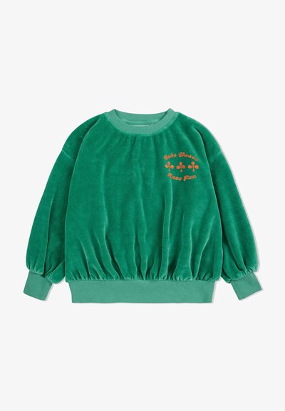 Grüner Samt-Sweatshirt mit rundem Ausschnitt, gerafftem Saum und Puffärmeln. Verfügt über orangefarbenen Drucktext und Blumenmuster auf der Vorderseite.