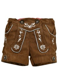 Braune Shorts aus Wildleder mit weißen gestickten Blumenmustern, einem karierten rot-weißen Bund und zwei dekorativen Knöpfen.