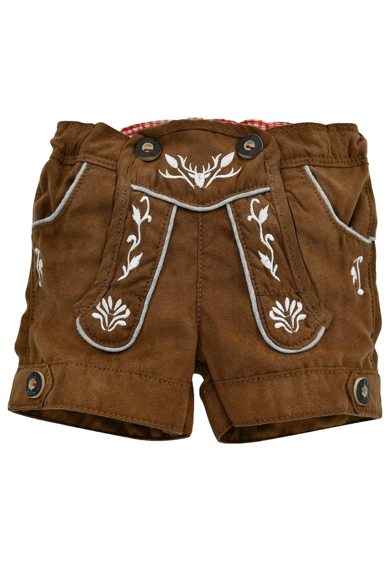 Braune Shorts aus Wildleder mit weißen gestickten Blumenmustern, einem karierten rot-weißen Bund und zwei dekorativen Knöpfen.