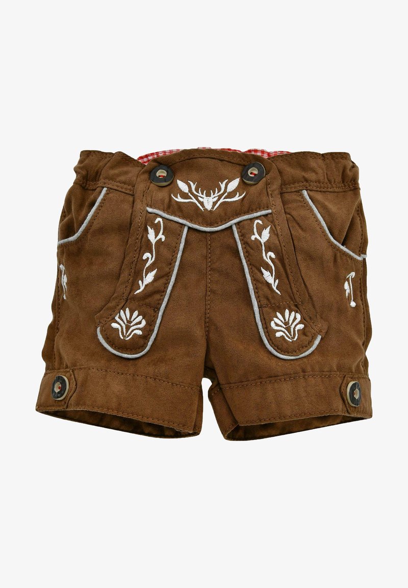 Braune Shorts aus Wildleder mit weißen gestickten Blumenmustern, einem karierten rot-weißen Bund und zwei dekorativen Knöpfen.