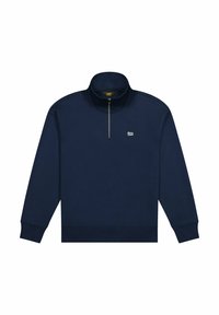 Pull à col montant bleu marine avec zip quart. Comprend des poignets et un ourlet côtelés, avec un petit logo brodé sur la poitrine.